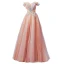 Elegant Blushing Pink Pearl Sequins Pleated Prom Dresses 2022 A-Line / Princess Off-The-Shoulder Short Sleeve Backless Floor-Length / Long Formal Dresses