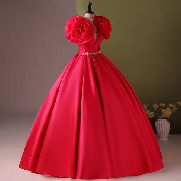 Medieval Fuchsia Rhinestone Appliques Prom Dresses 2024 Satin Ball Gown Scoop Neck Sleeveless Backless Floor-Length / Long Prom Formal Dresses