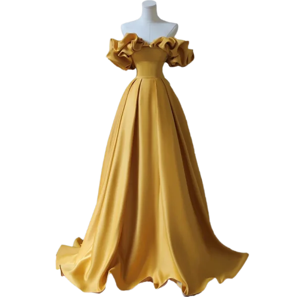 Chic / Beautiful Yellow Satin Evening Dresses  2023 A-Line / Princess Ruffle Off-The-Shoulder Short Sleeve Backless Floor-Length / Long Evening Party Formal Dresses