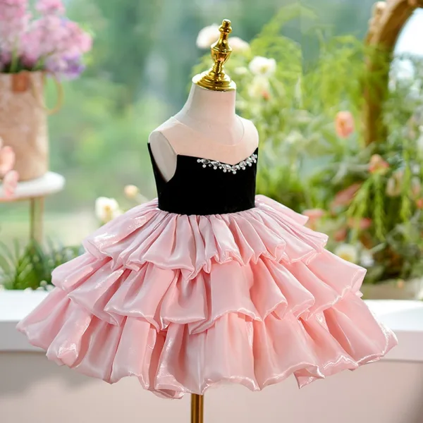 Chic / Beautiful Blushing Pink Pearl Cascading Ruffles Short Birthday Flower Girl Dresses 2024 Ball Gown Strapless Sleeveless Backless Flower Girl Dresses