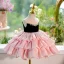 Chic / Beautiful Blushing Pink Pearl Cascading Ruffles Short Birthday Flower Girl Dresses 2024 Ball Gown Strapless Sleeveless Backless Flower Girl Dresses