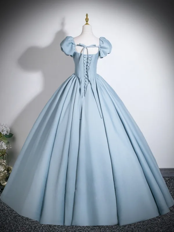 Élégant Bleu Ciel Noeud Robe De Bal 2026 Robe Boule Encolure Carrée Gonflée Manches Courtes Dos Nu Longue Robe De Ceremonie