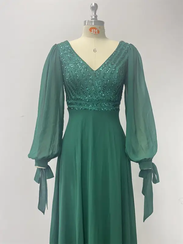 Elegant Dark Green Sequins Prom Dresses 2024 A-Line / Princess V-Neck Long Sleeve Backless Floor-Length / Long Prom Formal Dresses