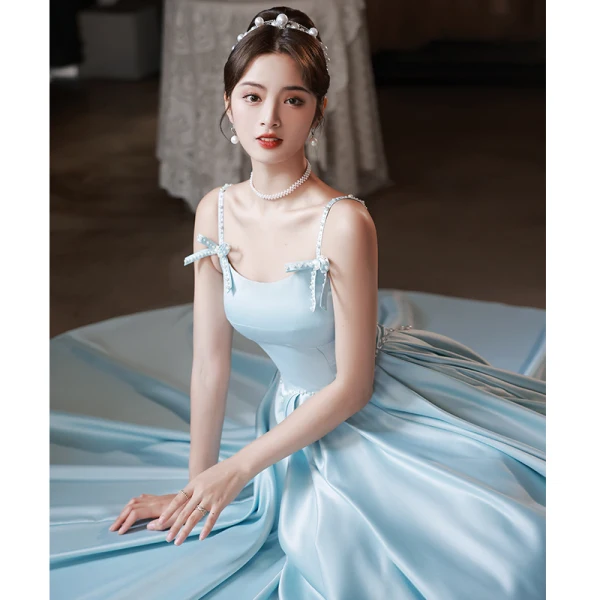 Fashion Sky Blue Satin Homecoming Graduation Dresses 2022 A-Line / Princess Pearl Bow Spaghetti Straps Sleeveless Backless Floor-Length / Long Formal Dresses