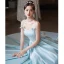 Fashion Sky Blue Satin Homecoming Graduation Dresses 2022 A-Line / Princess Pearl Bow Spaghetti Straps Sleeveless Backless Floor-Length / Long Formal Dresses