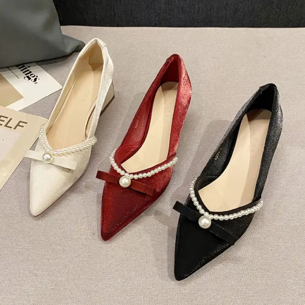 Schöne Burgunderrot Abend Perle Schleife Pumps 2022 5 cm Thick Heels Spitzschuh Pumps Hochhackige
