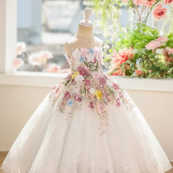 Chic / Beautiful White Beading Pearl Sequins Appliques Birthday Flower Girl Dresses 2025 Ball Gown Scoop Neck Sleeveless Backless Floor-Length / Long