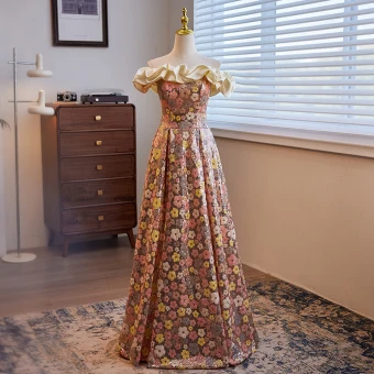 Chic Belle Champagne Paillettes Fleur Robe De Bal 2024 De L Épaule Princesse Sans Manches Dos Nu Longue Robe De Ceremonie