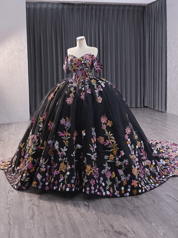 High-end Vintage / Retro Black Handmade  Sequins Lace Flower Prom Dresses 2024 Ball Gown Off-The-Shoulder Short Sleeve Backless Royal Train Prom