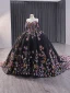 High-end Vintage / Retro Black Handmade  Sequins Lace Flower Prom Dresses 2024 Ball Gown Off-The-Shoulder Short Sleeve Backless Royal Train Prom