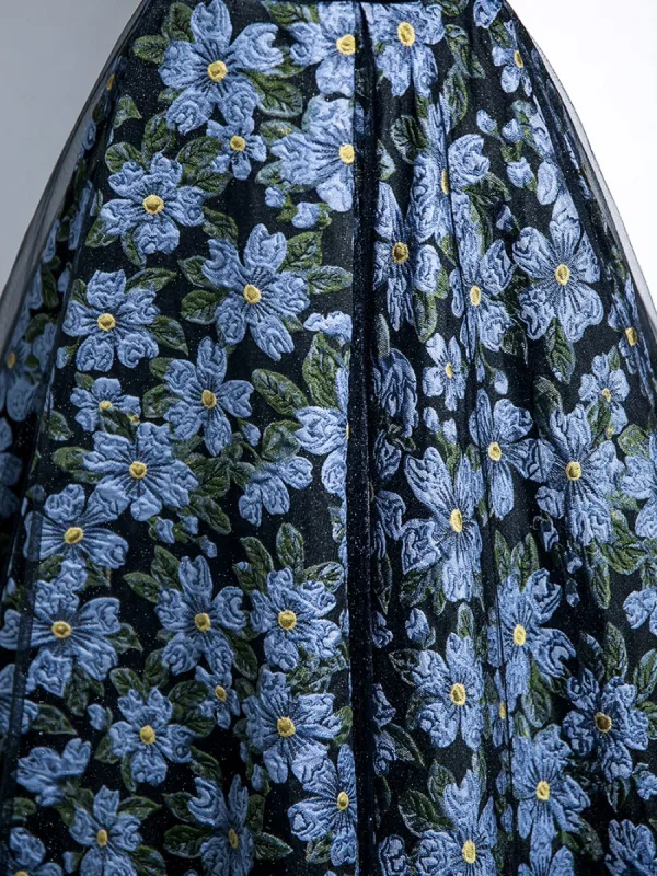 Elegant Black Floral Prom Dresses 2025 Ball Gown Off-The-Shoulder Short Sleeve Backless Floor-Length / Long Prom Formal Dresses