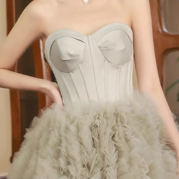 Charming Pleated Sage Green Prom Dresses 2023 Ball Gown Strapless Sleeveless Backless Court Train Prom Formal Dresses