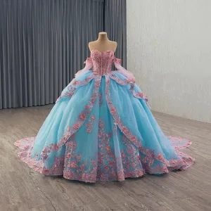 Flower Fairy Pool Blue Pearl Lace Flower Appliques Prom Dresses 2025 Ball Gown Off The Shoulder Short Sleeve Backless Bow Royal Train Formal Dresses