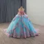Flower Fairy Pool Blue Pearl Lace Flower Appliques Prom Dresses 2025 Ball Gown Off-The-Shoulder Short Sleeve Backless Bow Royal Train Formal Dresses