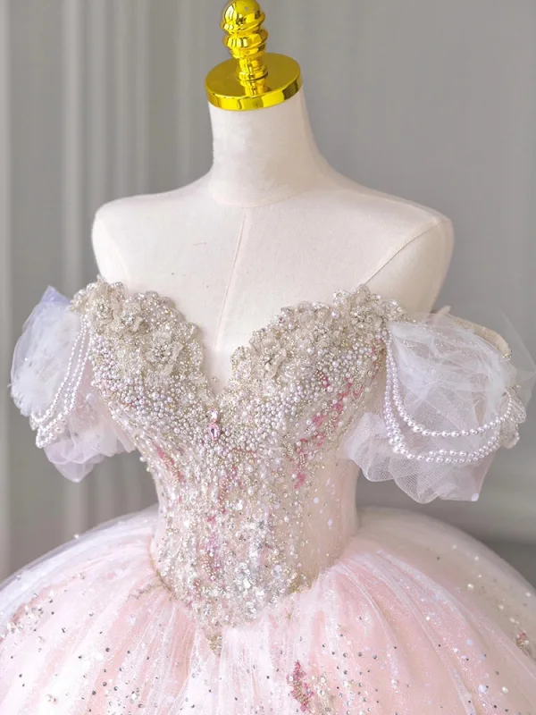 Charming Blushing Pink Beading Rhinestone Pearl Sequins Lace Flower Wedding Dresses 2024 Ball Gown Off-The-Shoulder Short Sleeve Backless Royal Train Wedding