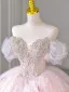 Charming Blushing Pink Beading Rhinestone Pearl Sequins Lace Flower Wedding Dresses 2024 Ball Gown Off-The-Shoulder Short Sleeve Backless Royal Train Wedding