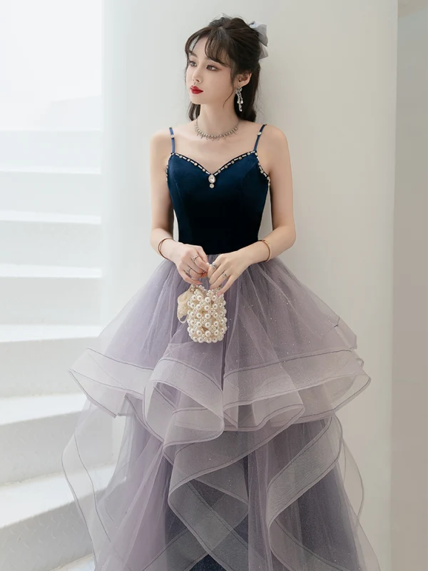 Fashion Navy Blue Cascading Ruffles Prom Dresses 2022 Ball Gown Spaghetti Straps Sleeveless Backless Floor-Length / Long Formal Dresses