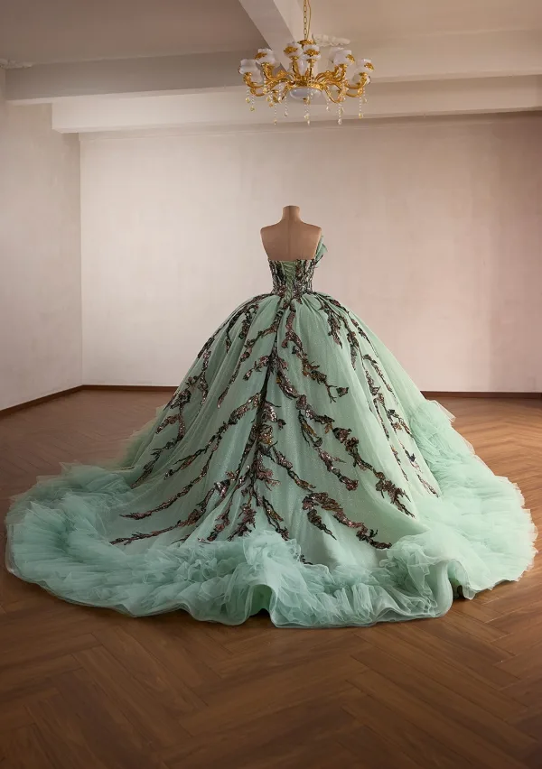 Luxus / Herrlich Salbeigrün Handgefertigt Perlenstickerei Spitze Blumen Ballkleider 2026 Ballkleid Bandeau Ärmellos Rückenfreies Kapelle-Schleppe Festliche Kleider