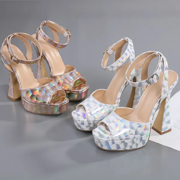 Charmant Gold Cocktail Abend Laser Sandalen Damen 2023 Knöchelriemen 14 cm Thick Heels Peeptoes Sandaletten Hochhackige