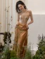 Sexy Doré Paillettes Fendue devant Robe De Bal 2024 Trompette / Sirène Bustier Sans Manches Dos Nu Longue Promo Robe De Ceremonie