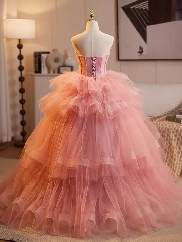 Chic / Beautiful Blushing Pink Cascading Ruffles Prom Dresses 2025 Ball Gown Strapless Sleeveless Backless Floor-Length / Long Prom Formal Dresses
