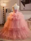 Chic / Beautiful Blushing Pink Cascading Ruffles Prom Dresses 2025 Ball Gown Strapless Sleeveless Backless Floor-Length / Long Prom Formal Dresses