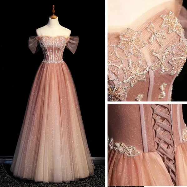Charmant Pink Farbverlauf Ballkleider 2022 A Linie Off Shoulder Kurze Ärmel Rückenfreies Perlenstickerei Perle Pailletten Lange Festliche Kleider