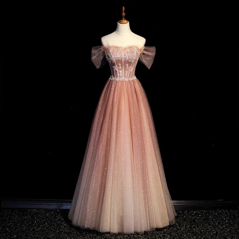 Charmant Pink Farbverlauf Ballkleider 2022 A Linie Off Shoulder Kurze Ärmel Rückenfreies Perlenstickerei Perle Pailletten Lange Festliche Kleider