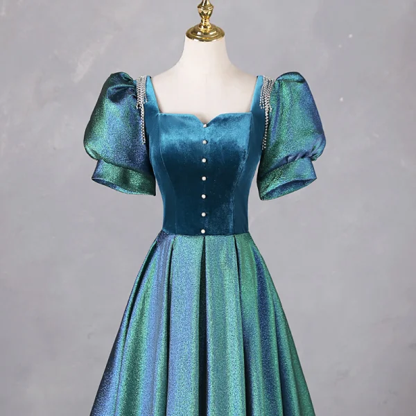 Vintage / Retro Green Prom Dresses 2024 A-Line / Princess Square Neckline Puffy Short Sleeve Backless Floor-Length / Long Prom Formal Dresses