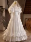 Medieval Vintage / Retro Ivory Satin Lace Wedding Dresses 2024 A-Line / Princess High Neck Puffy Short Sleeve Backless Floor-Length / Long Wedding