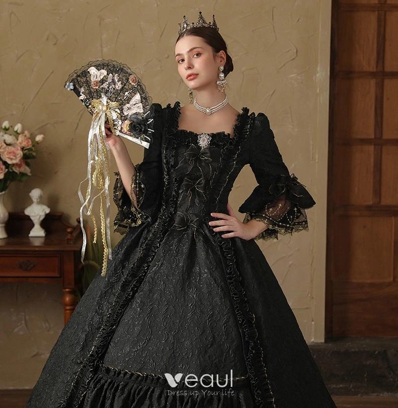 Vintage / Retro Medieval Gothic Black Beading Printing Bow Prom Dresses 2024 Ball Gown Square Neckline Bell sleeves Floor-Length / Long Prom Formal Vintage / Retro Medieval Gothic Black Beading Printing Bow Prom Dresses 2024 Ball Gown Square Neckline Bell sleeves Floor-Length / Long Prom Formal