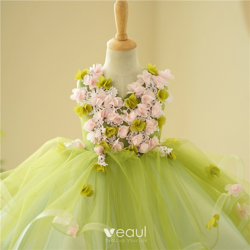 Flower Fairy Sage Green Appliques Birthday Short Flower Girl Dresses Ball  Gown 2023 V-Neck Sleeveless Flower Girl Dresses