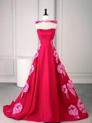Herlig Fuchsia Sløyfe Satin Ballkjoler 2025 Ballkjole Strapless Uten Ermer Ryggløse Feie Tog Formelle Kjoler