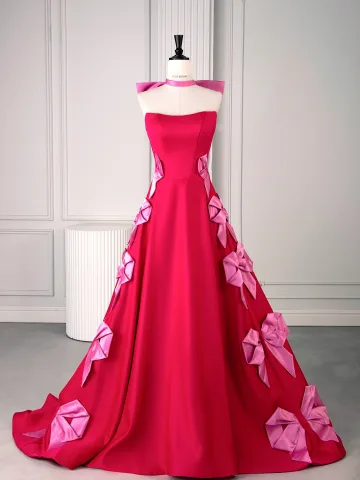Encantador Fucsia Bowknot Satén Vestidos De Gala 2025 Ball Gown Sin Tirantes Sin Mangas Sin Espalda Colas De Barrido Vestidos Formales