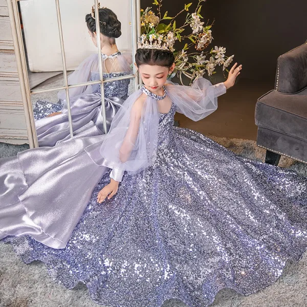 Sparkly Lavender Bow Sequins Birthday Flower Girl Dresses 2025 Ball Gown High Neck Long Sleeve Sweep Train
