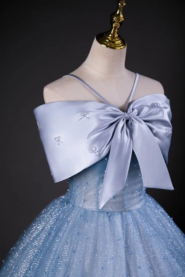 Bling Bling Sky Blue Bow Pearl Sequins Prom Dresses 2026 Ball Gown Spaghetti Straps Sleeveless Backless Floor-Length / Long Formal Dresses