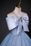 Bling Bling Sky Blue Bow Pearl Sequins Prom Dresses 2026 Ball Gown Spaghetti Straps Sleeveless Backless Floor-Length / Long Formal Dresses