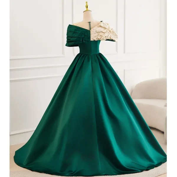 Vintage / Retro Dark Green Beading Lace Flower Prom Dresses 2025 Ball Gown Scoop Neck Short Sleeve Backless Floor-Length / Long Formal Dresses