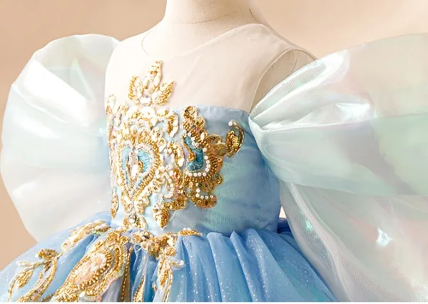 Elegant Sky Blue Beading Pearl Sequins Birthday Flower Girl Dresses 2024 Ball Gown Scoop Neck Puffy Short Sleeve Backless Sweep Train Tulle