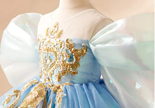 Classy Sky Blue Beading Pearl Sequins Cascading Ruffles Birthday Flower Girl Dresses 2024 Ball Gown Off-The-Shoulder Puffy Short Sleeve Backless Sweep Train Flower Girl Dresses