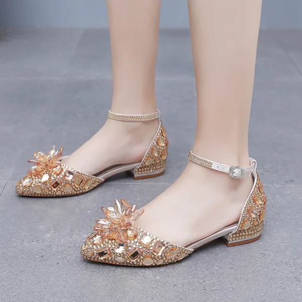 Charming Gold Rhinestone Flat Wedding Shoes 2024 Ankle Strap Pointed Toe Wedding Sandals
