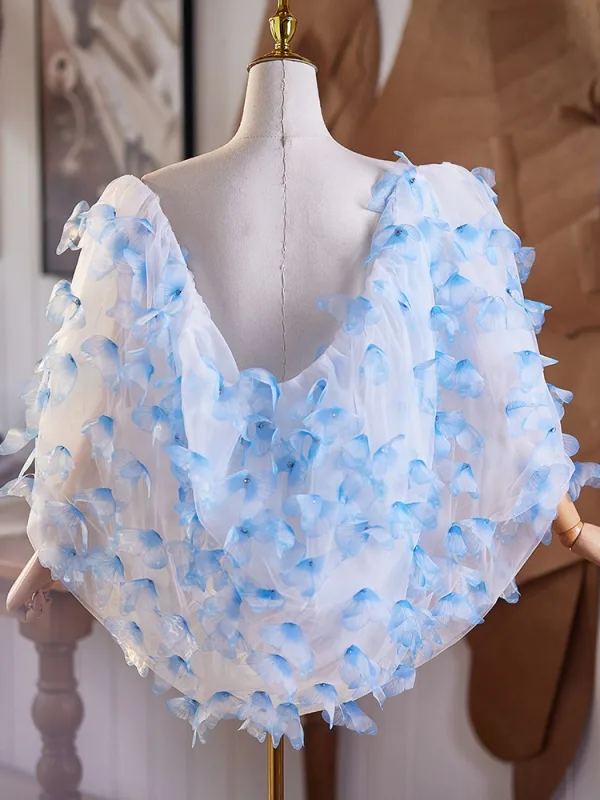 Flower Fairy Sky Blue Handmade  Appliques Prom shawl 2025