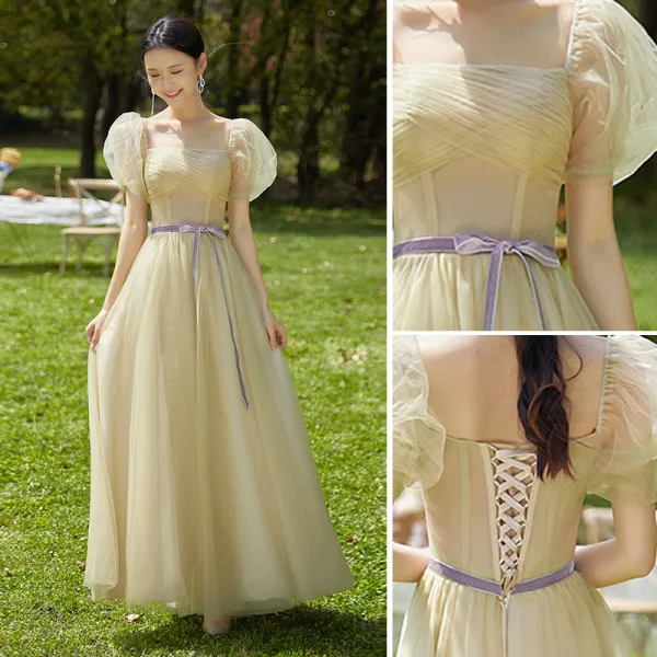 Simple Vert Cendré Robe Demoiselle D'honneur 2022 Princesse Demoiselle D'honneur De l'épaule Manches Courtes Dos Nu Noeud Ceinture Longue Robe Pour Mariage