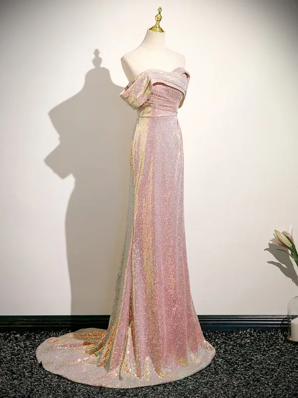 Glitzernden Sexy Rosa Pailletten Ballkleider 2025 Meerjungfrau Off Shoulder Kurze Ärmel Rückenfreies Sweep / Pinsel Zug Festliche Kleider