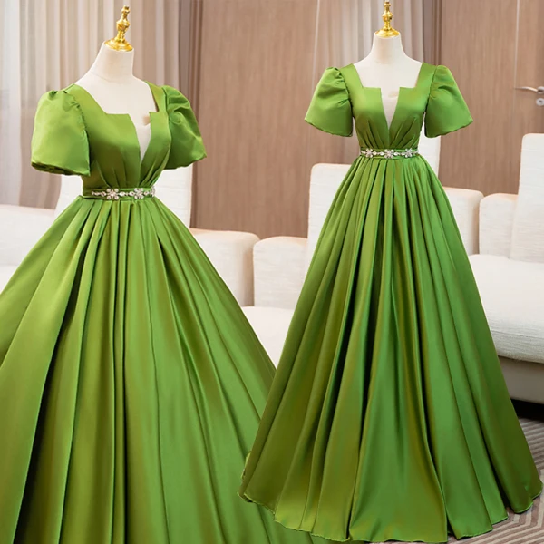 Elegant Green Rhinestone Sash Prom Dresses 2024 Ball Gown Square Neckline Short Sleeve Backless Floor-Length / Long Prom Formal Dresses