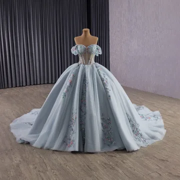 High End Sky Blue Sequins Lace Flower Prom Dresses 2025 Ball Gown Off The Shoulder Short Sleeve Backless Court Train Formal Dresses