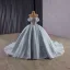 High-end Sky Blue Sequins Lace Flower Prom Dresses 2025 Ball Gown Off-The-Shoulder Short Sleeve Backless Court Train Formal Dresses