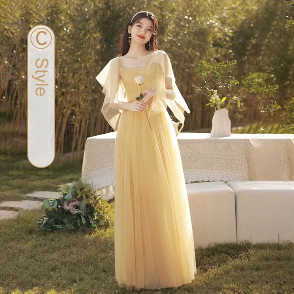 Modest / Simple Daffodil Bridesmaid Dresses 2022 A-Line / Princess Short Sleeve Backless Floor-Length / Long Bridesmaid