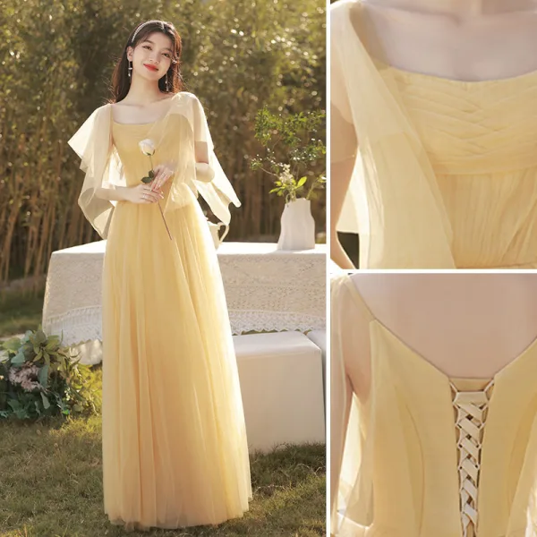 Modest / Simple Daffodil Bridesmaid Dresses 2022 A-Line / Princess Short Sleeve Backless Floor-Length / Long Bridesmaid