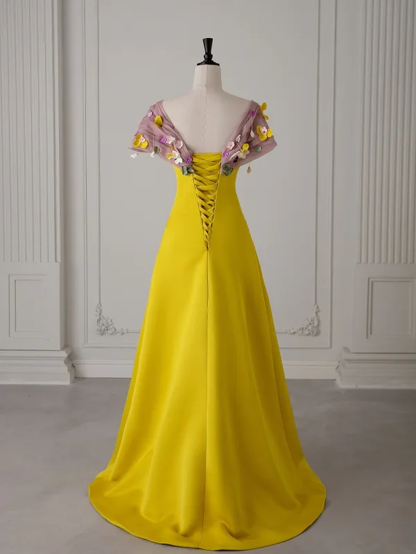 Vintage Gelb Applikationen Ballkleider 2025 A Linie Off Shoulder Kurze Ärmel Rückenfreies Sweep / Pinsel Zug Ball Festliche Kleider